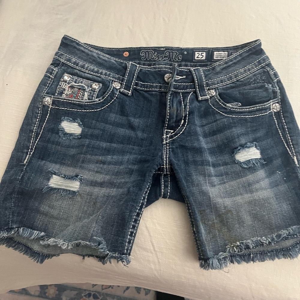 Miss Me Distressed Dark Blue Jean Shorts